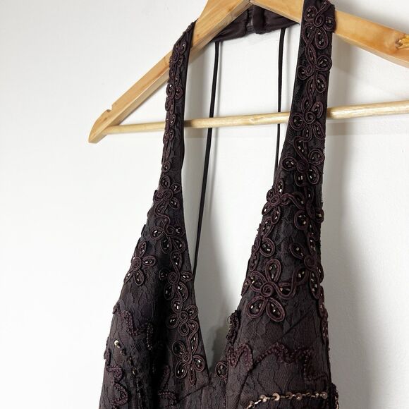 Sue Wong Nocturne Formal Dress Brown Lace Beaded Halter Maxi Size 8 - Picture 9 of 16